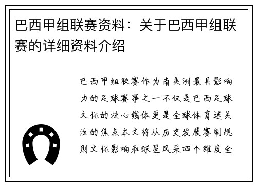 巴西甲组联赛资料：关于巴西甲组联赛的详细资料介绍